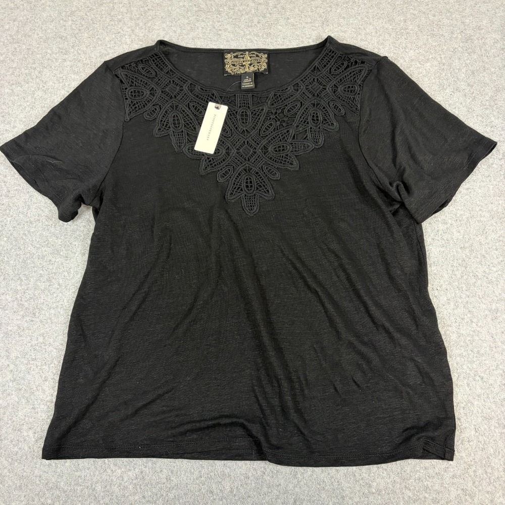 James Coviello Anthropologie Black Laced Lace Linen Tee Top Shirt Womens XL BLK